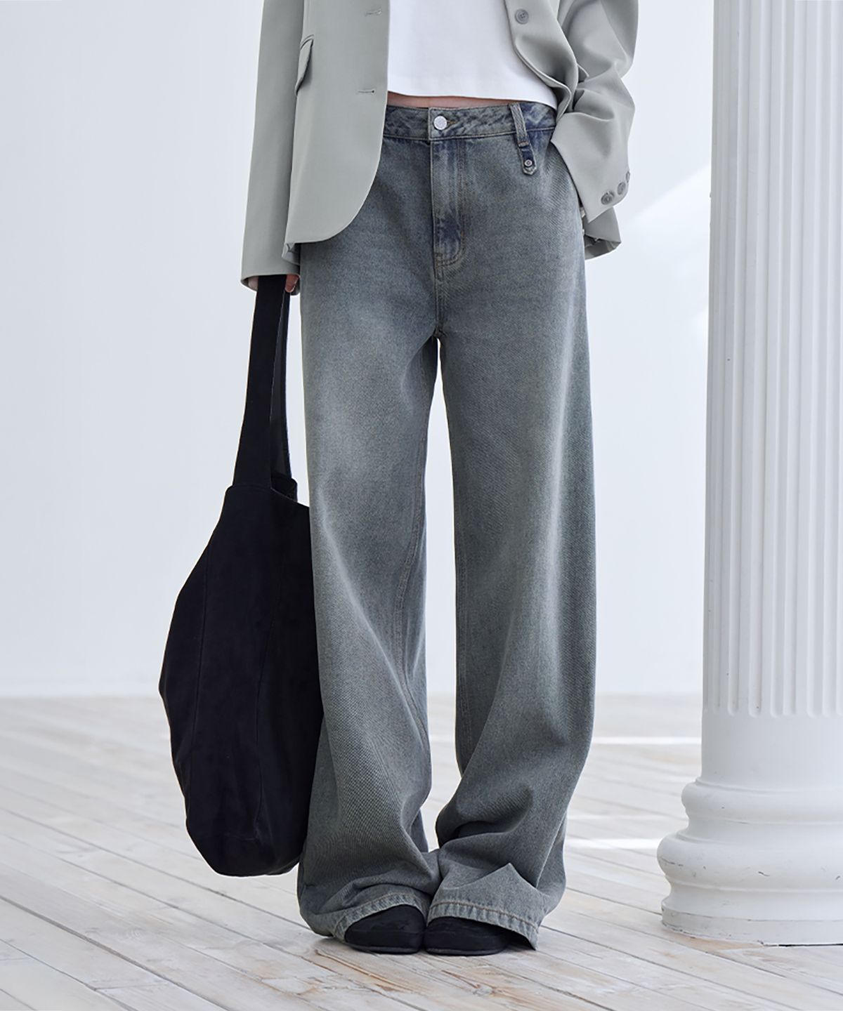 런던다다(LONDONDADA) Low-Rise Wide Jeans, KHAKI BLUE