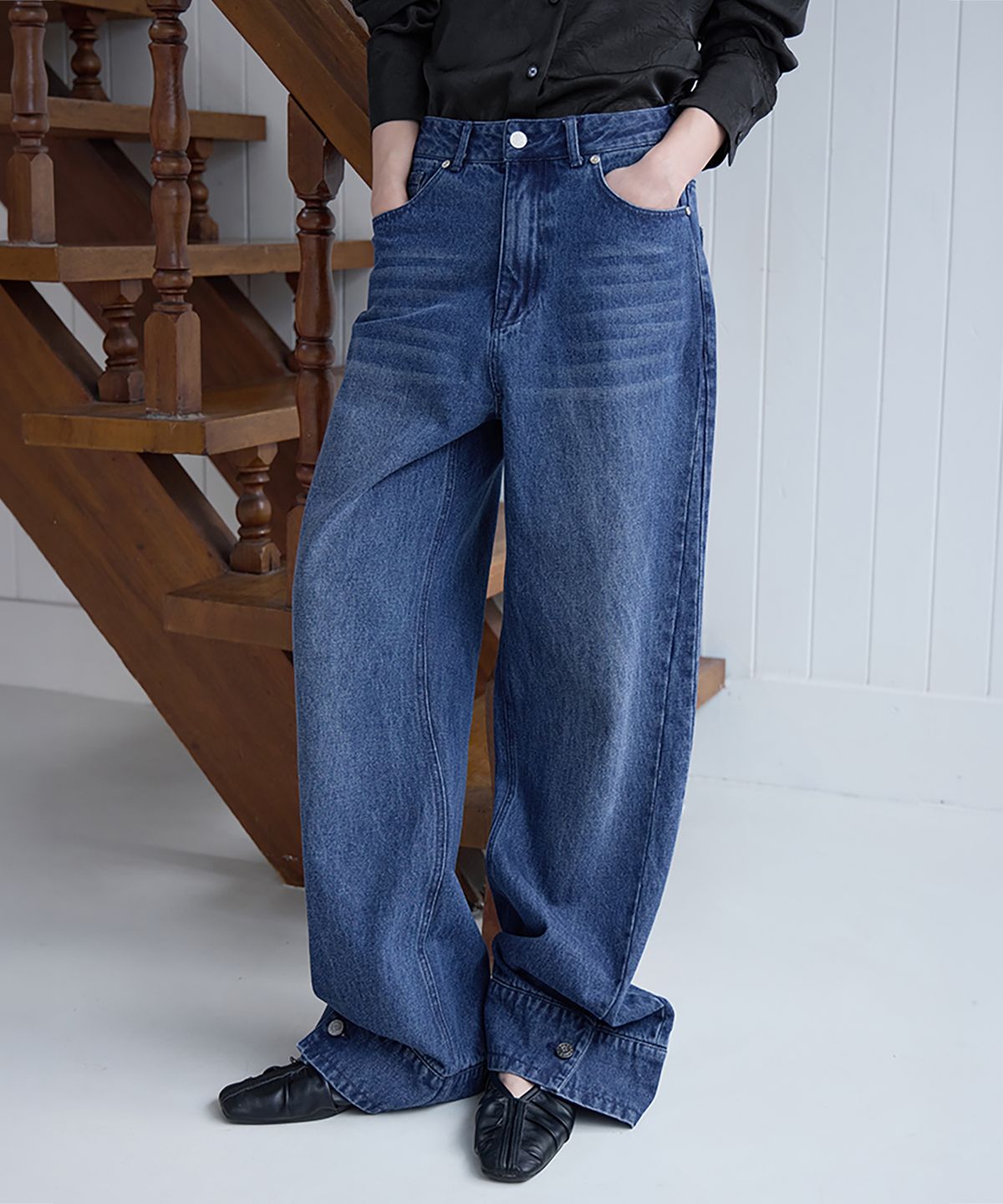 런던다다(LONDONDADA) Cuff Relaxed Straight Jeans, BLUE