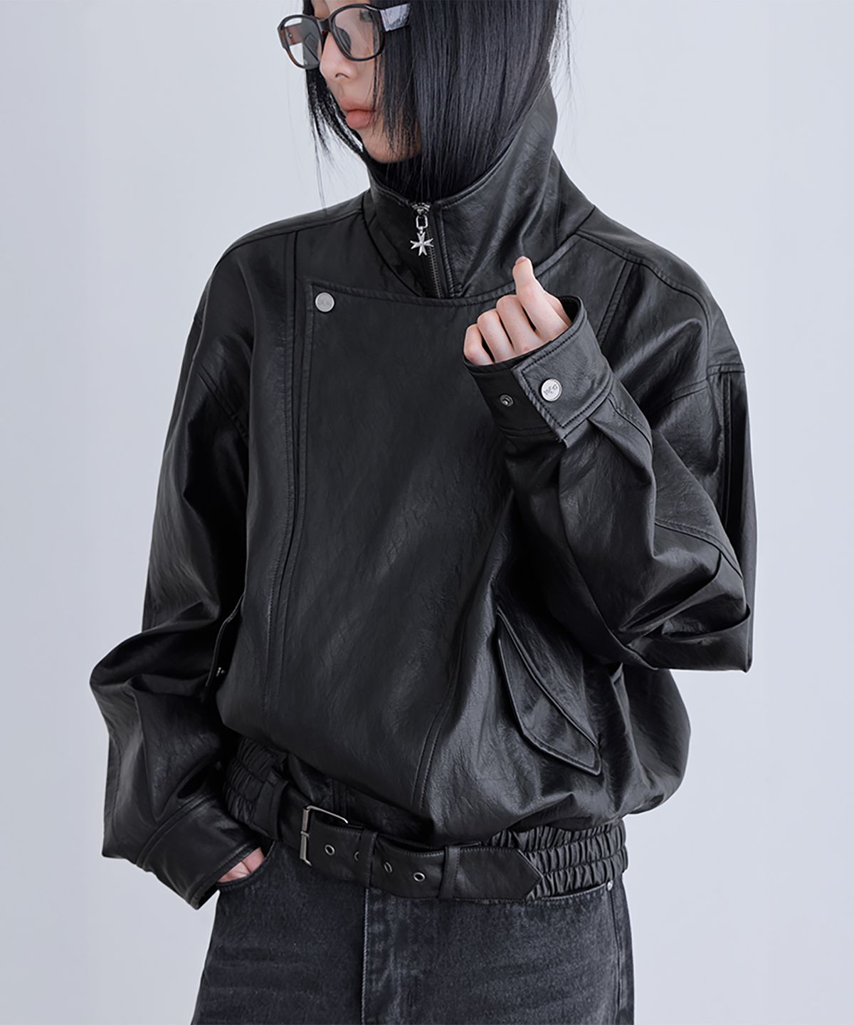 런던다다(LONDONDADA) Belted Oversized Leather Jacket, BLACK
