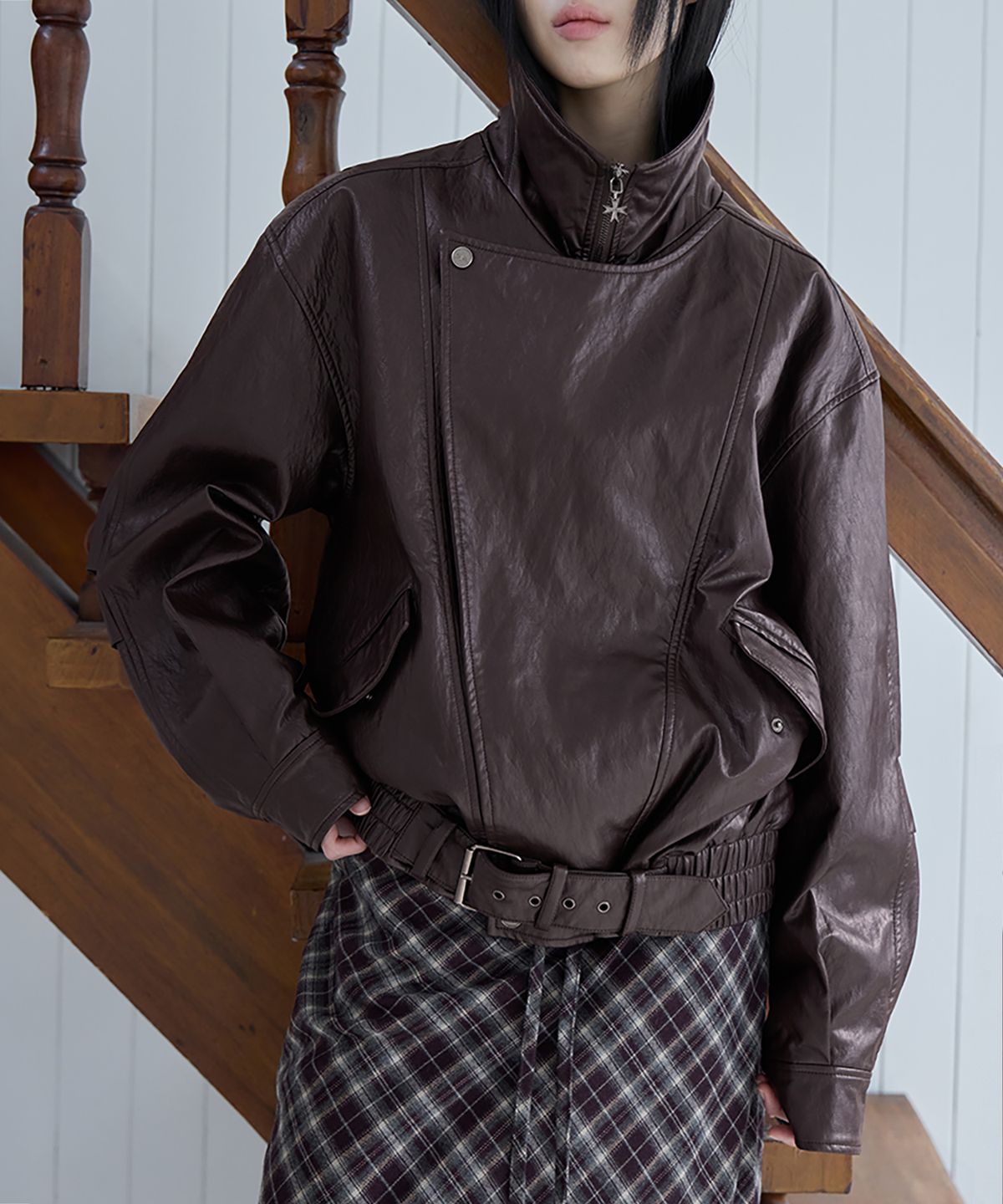 런던다다(LONDONDADA) Belted Oversized Leather Jacket, BROWN