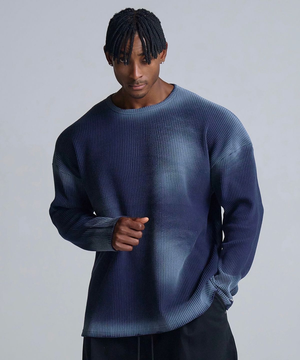 베르만 어패럴(VERMANN APPAREL) 와플 오버핏 롱슬리브 빈티지 딥블루