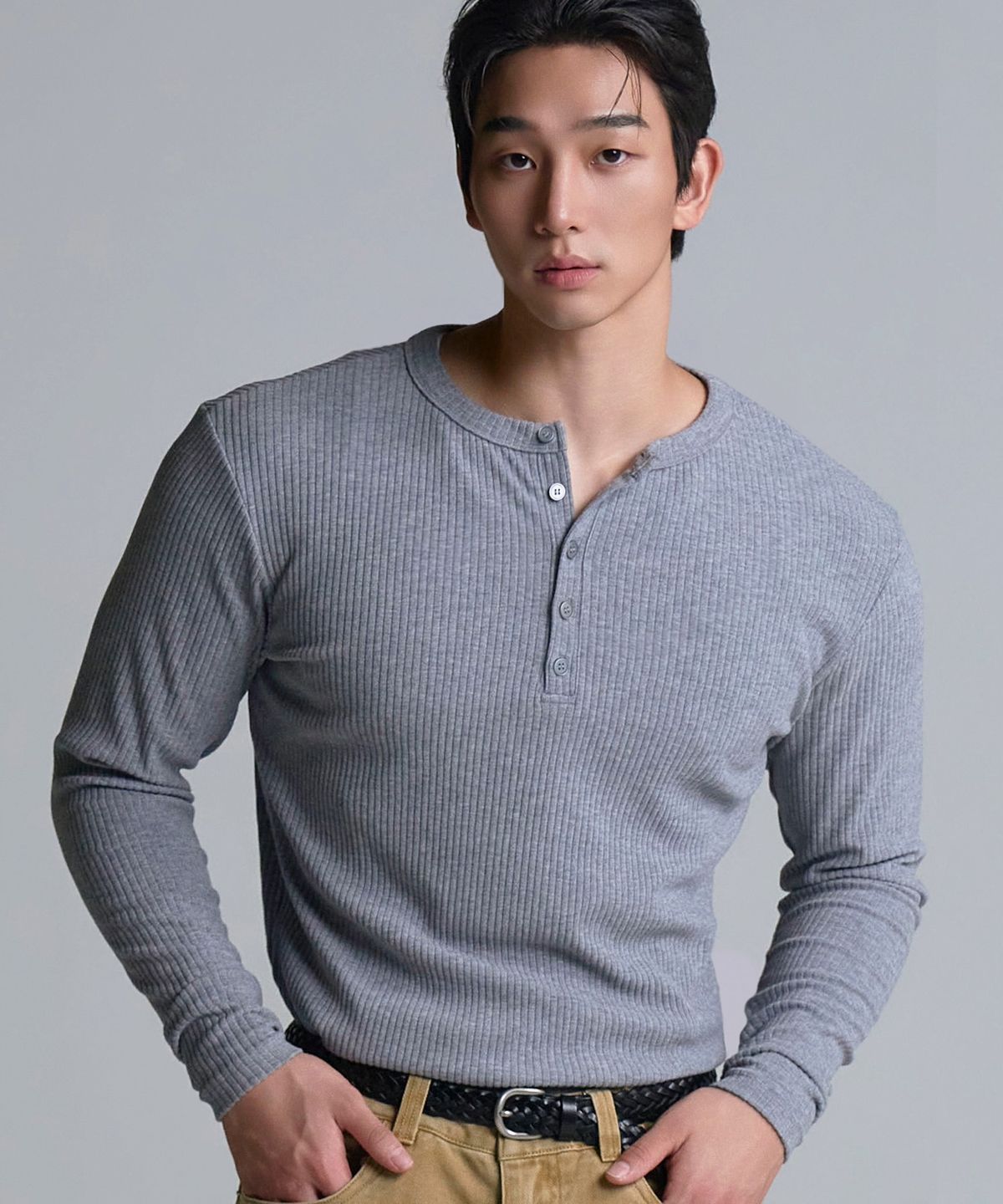 베르만 어패럴(VERMANN APPAREL) 브러쉬드 골지 머슬핏 헨리넥 롱슬리브