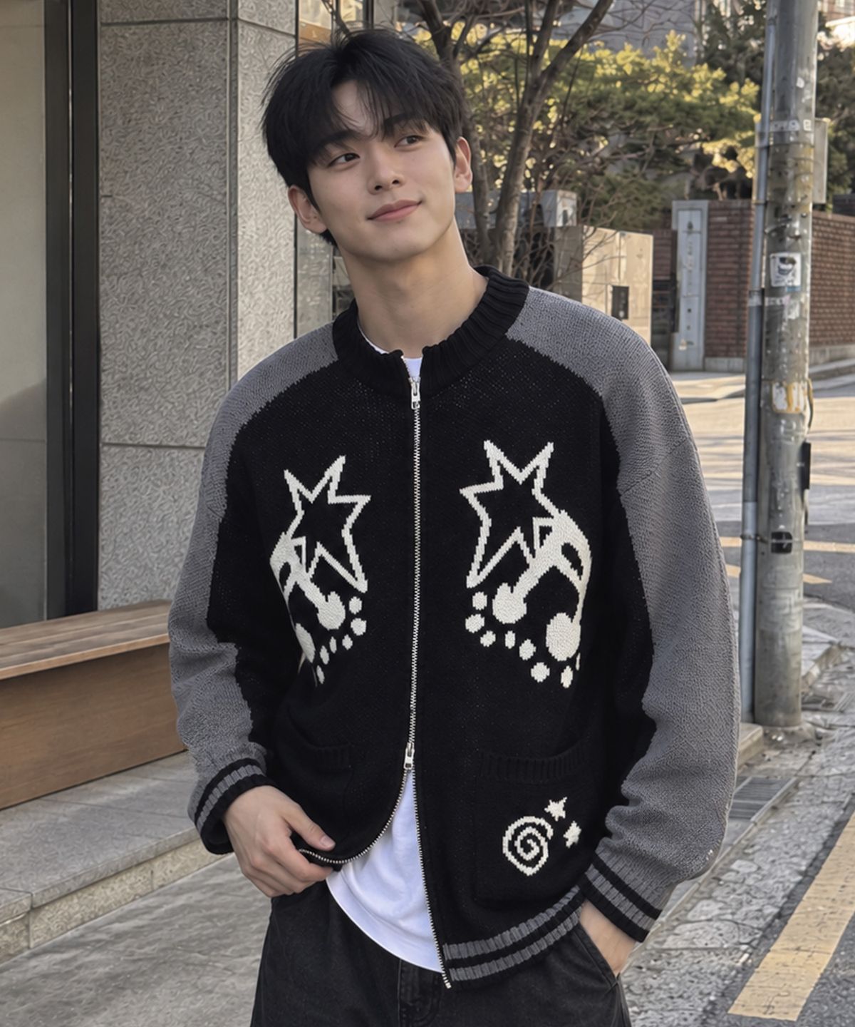 모즈모즈(MOZMOZ) 뮤직노트 투웨이 니트 집업 블랙
