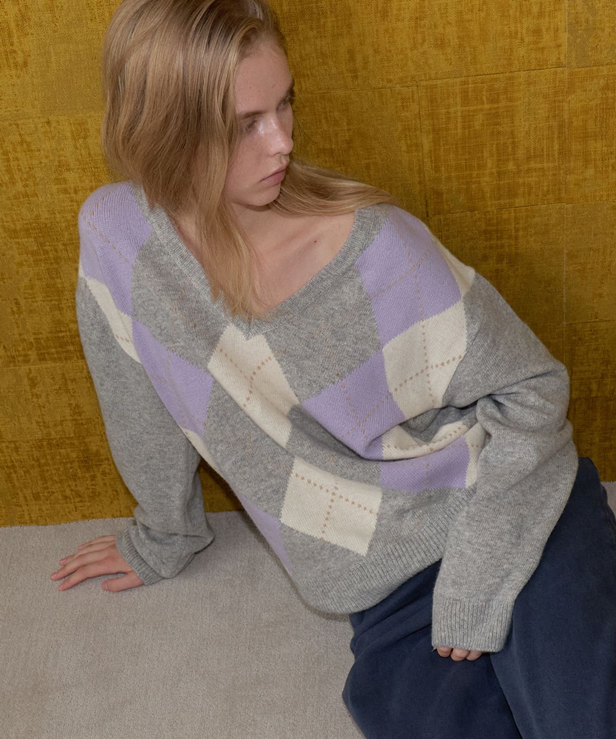 프리버07(FRIVER07) Argyle merino wool v-neck knit [FRFA06NT06]_Light gray