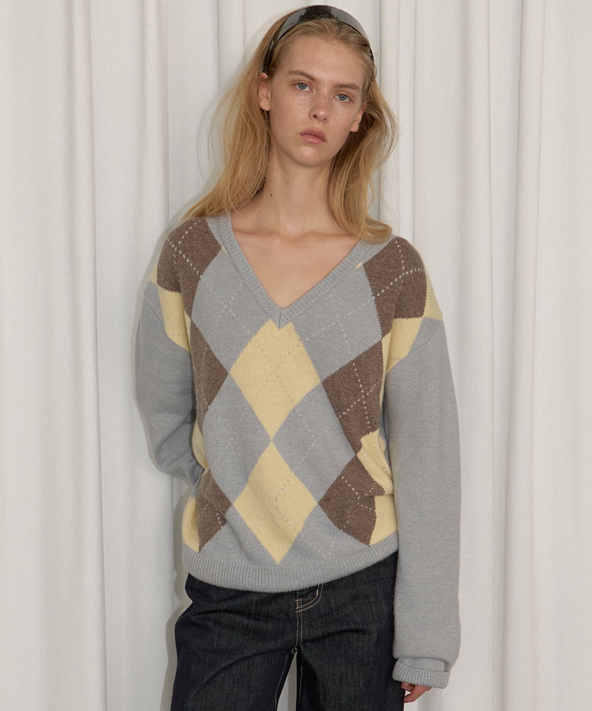 프리버07(FRIVER07) Argyle merino wool v-neck knit [FRFA06NT07]_Sky blue