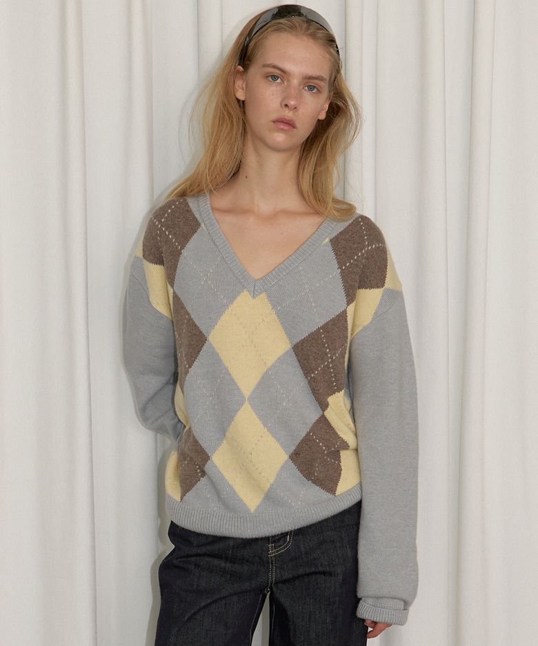 Argyle merino wool v-neck knit [FRFA06NT07]_Sky blue