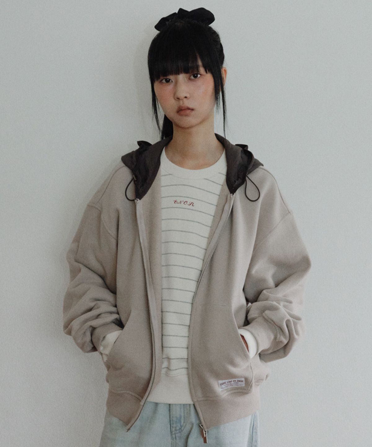 엔오르 스튜디오(ENOR STUDIO) [CORE] OVERSIZED TWO-TONE ZIP-UP HOODIE - BEIGE