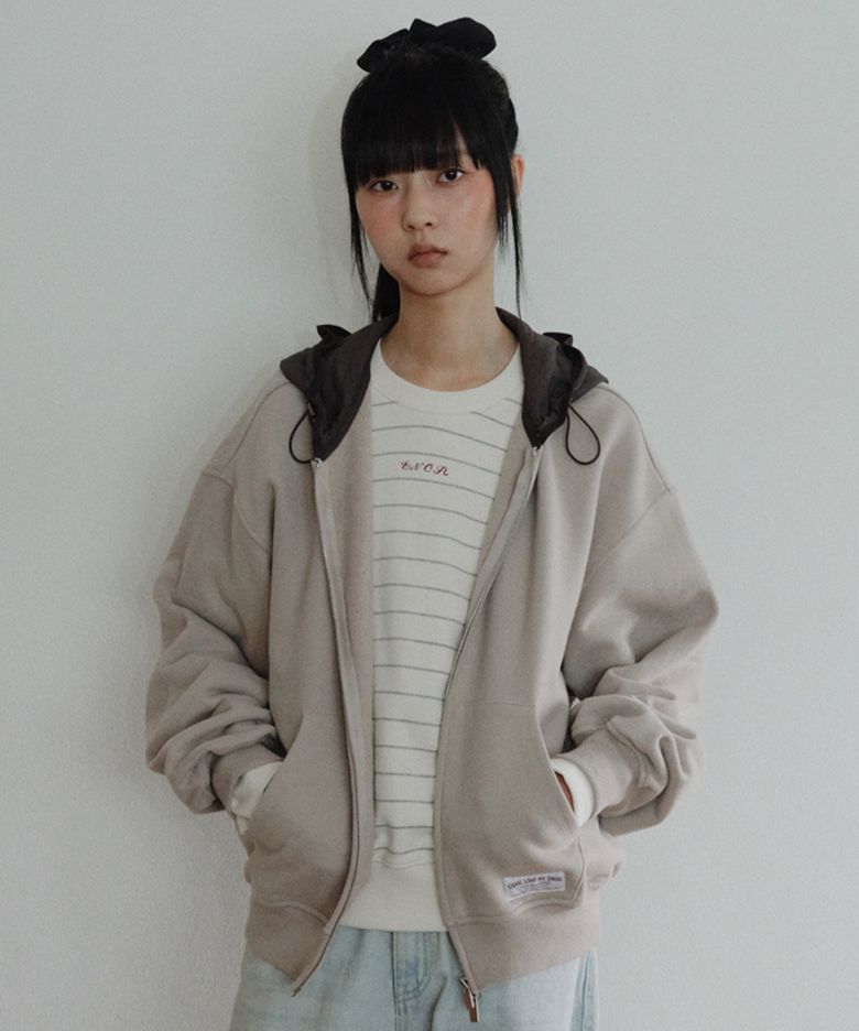 [CORE] OVERSIZED TWO-TONE ZIP-UP HOODIE - BEIGE