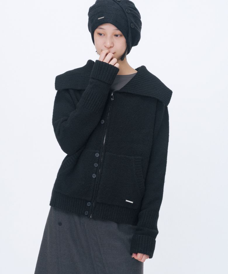 Unbalanced button knit cardigan BLACK