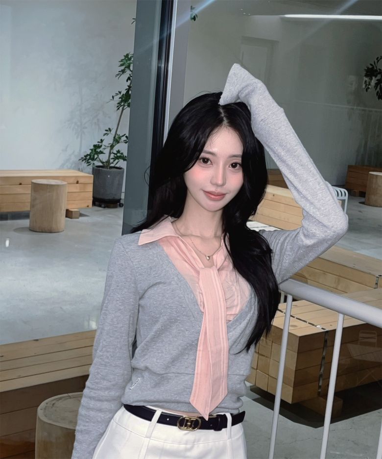 레이 셔츠타이 셔링 브이넥 레이어드 블라우스 셋업_2COLOR
