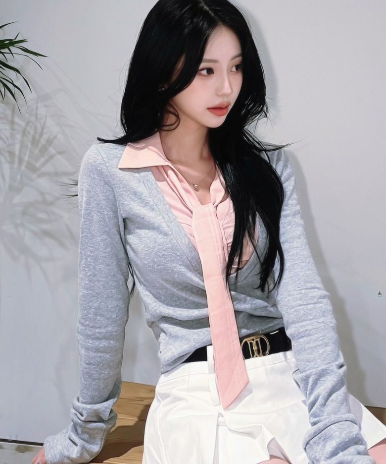 레이 셔츠타이 셔링 브이넥 레이어드 블라우스 셋업_2COLOR