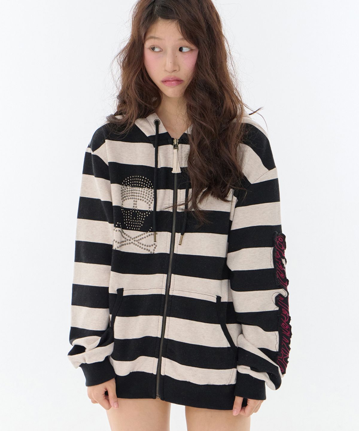 익스파이어드걸(EXPIRED GIRL) Trouble Stripe Hoodie Zip Up Oatmeal Black