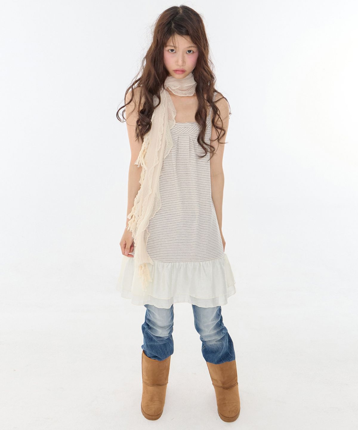 익스파이어드걸(EXPIRED GIRL) Ann Stripe Combi Dress Oatmeal Stripe