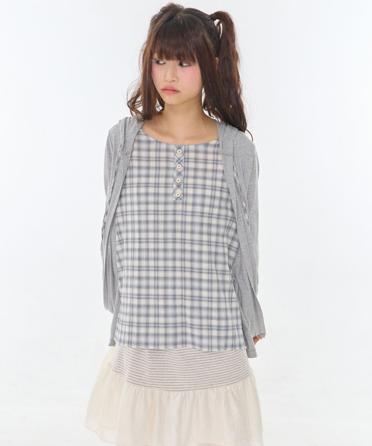 익스파이어드걸(EXPIRED GIRL) Cozy Check Layered Top Melange Grey