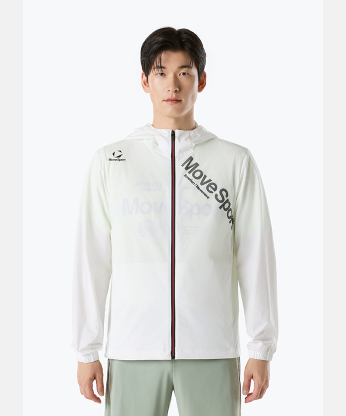 무브스포츠 바이 데상트(MOVESPORT BY DESCENTE) 워딩 그래픽 우븐 후드형 바람막이 자켓 화이트 VS123EWB11