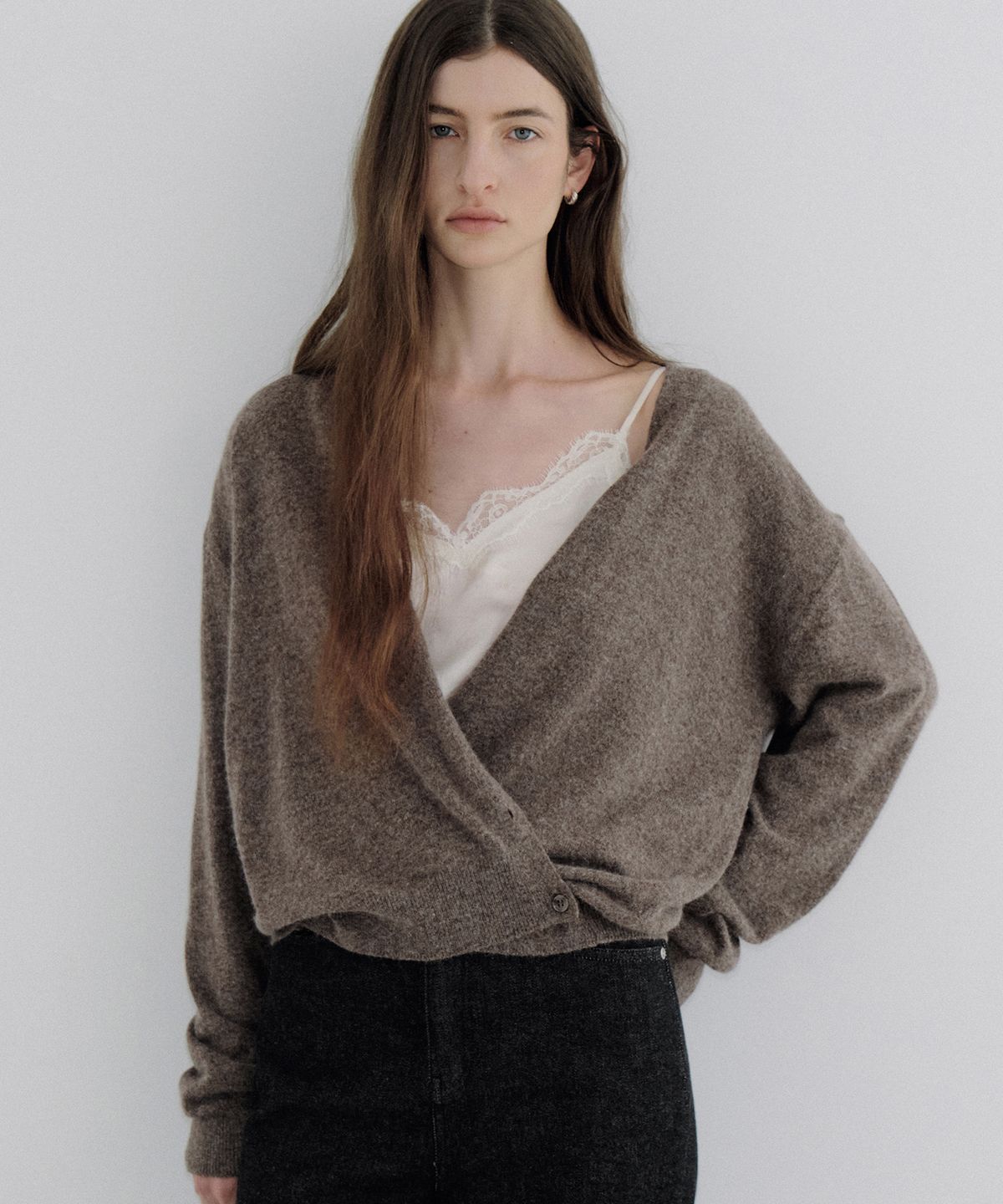 아워코모스(OURCOMOS) two-way wrap cardigan (brown) orc 6097