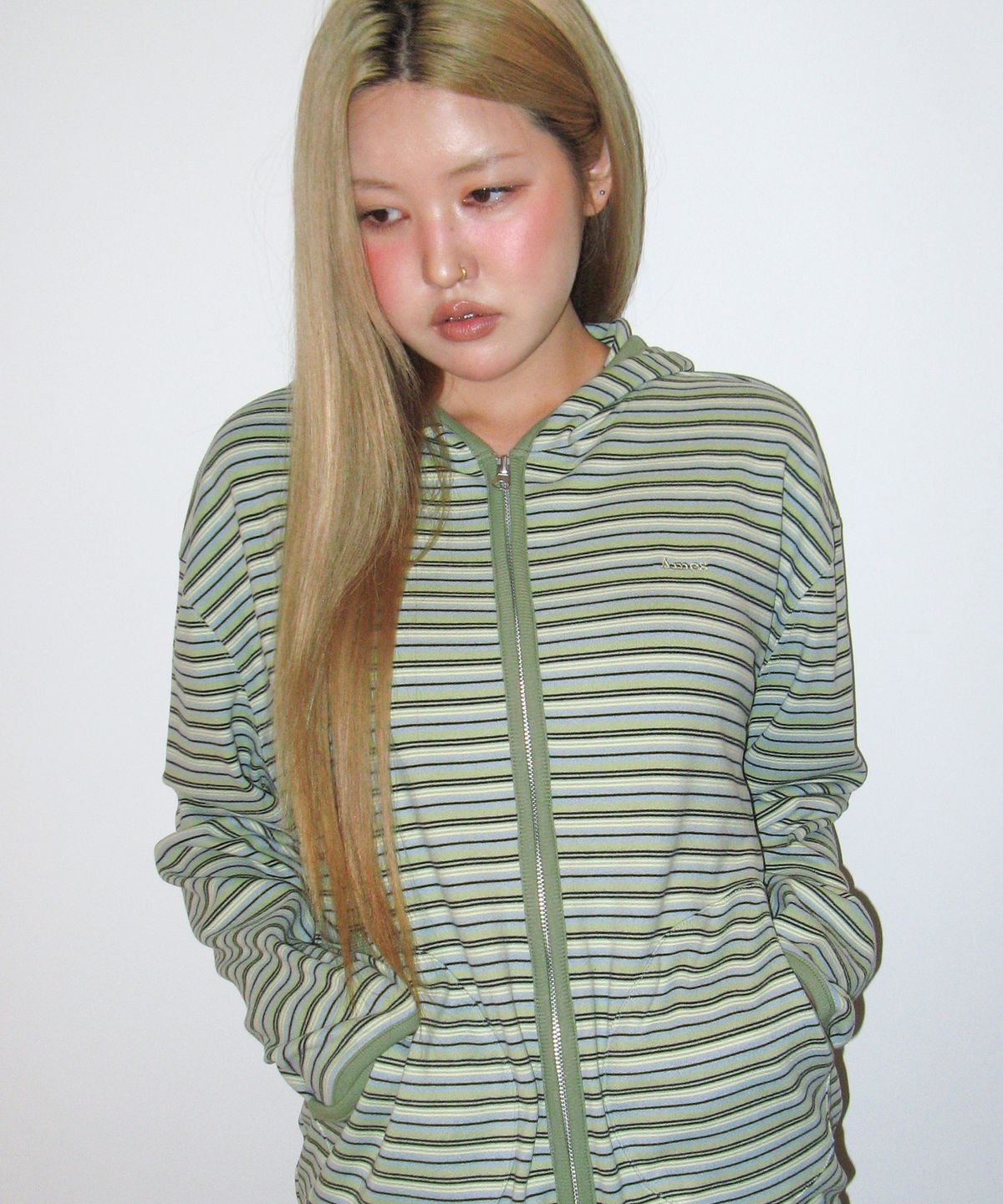 아메스 월드와이드(AMES-WORLDWIDE) STRIPE SOFT HOODIE ZIP-UP GREEN