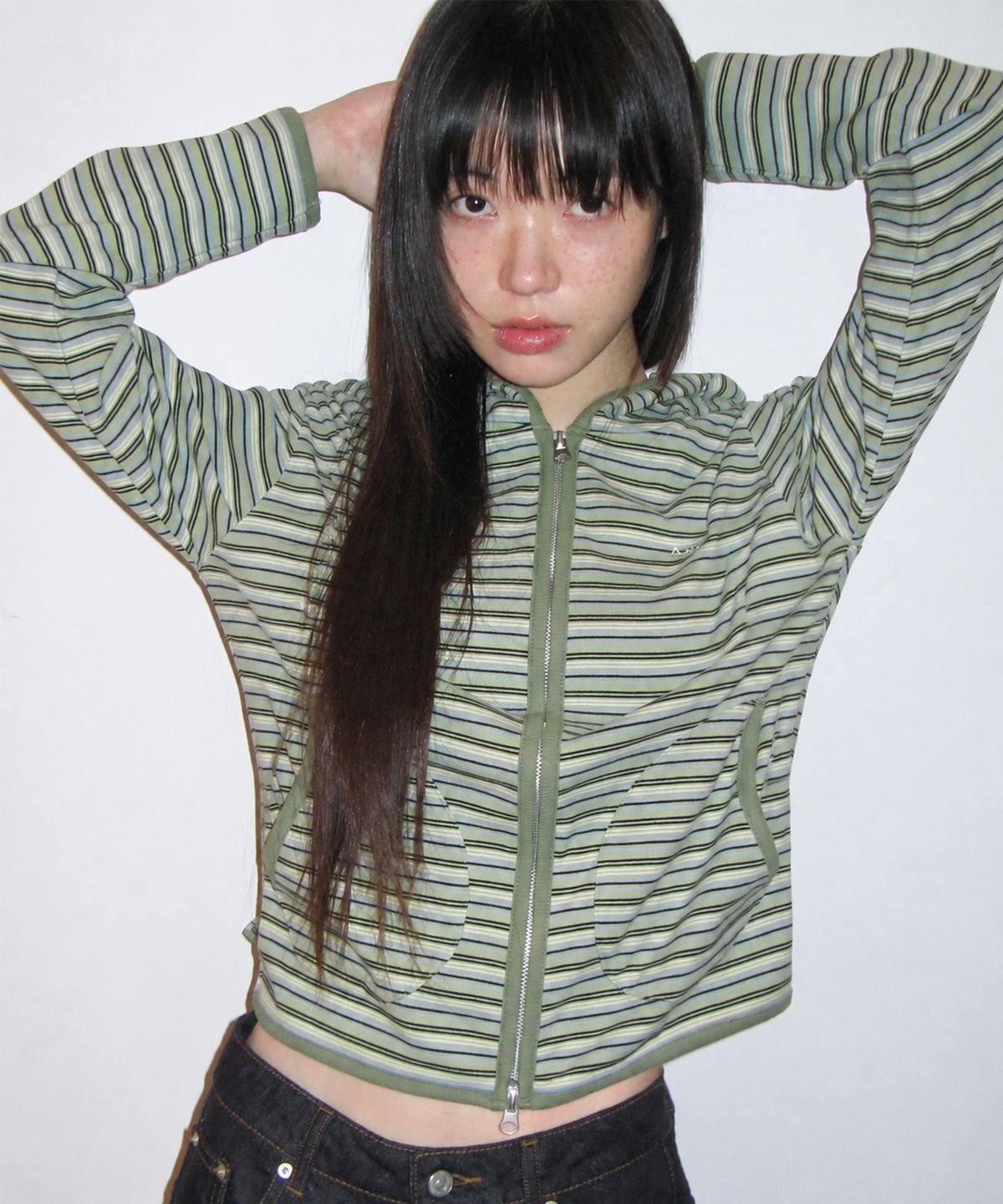 아메스 월드와이드(AMES-WORLDWIDE) STRIPE SOFT HOODIE ZIP-UP GREEN