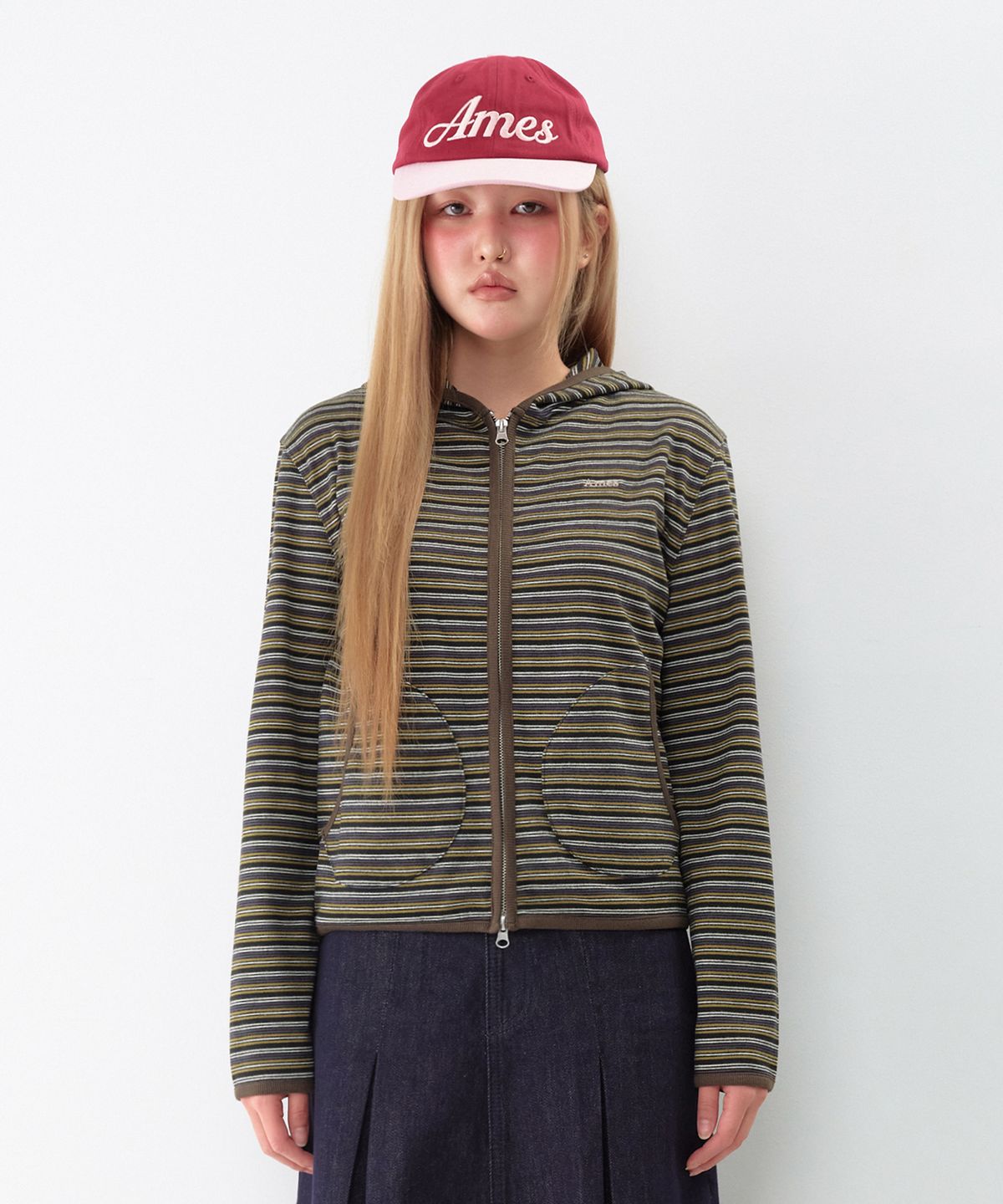 아메스 월드와이드(AMES-WORLDWIDE) STRIPE SOFT HOODIE ZIP-UP KHAKI