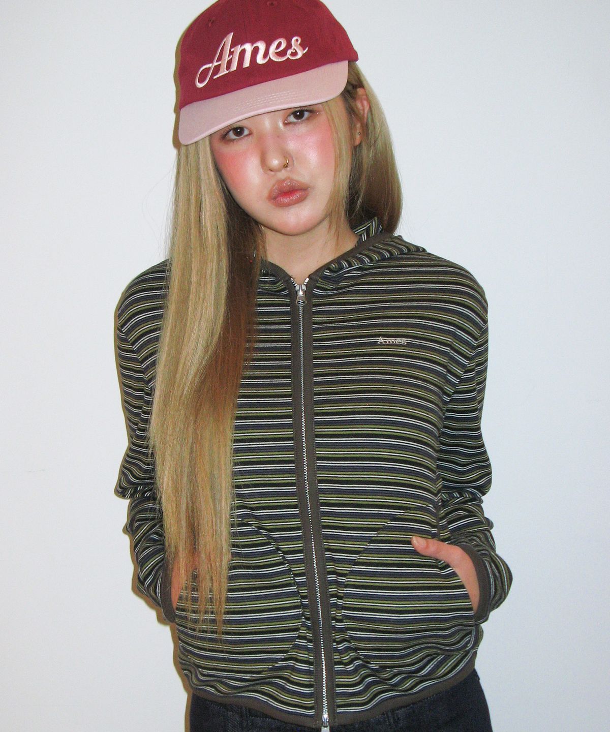 아메스 월드와이드(AMES-WORLDWIDE) STRIPE SOFT HOODIE ZIP-UP KHAKI