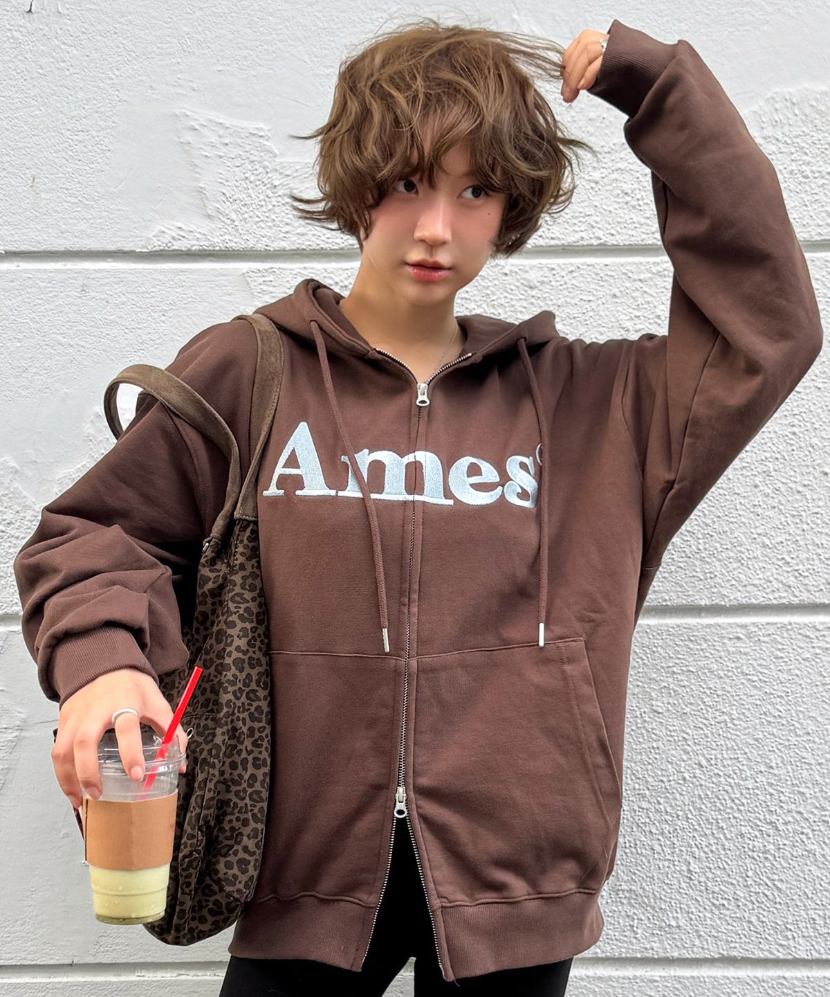 아메스 월드와이드(AMES-WORLDWIDE) BASIC LOGO HOODIE ZIP UP BROWN