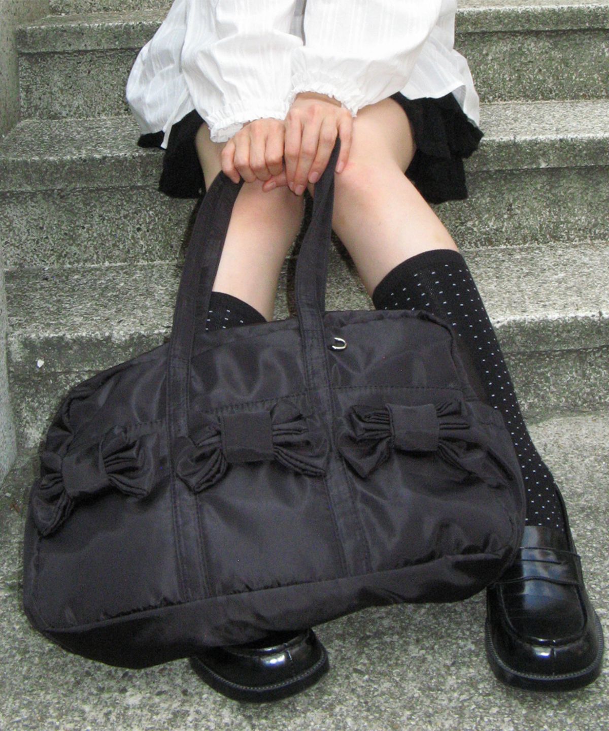 론론(RONRON) DOUBLE MINI RIBBON TOTE BAG BLACK