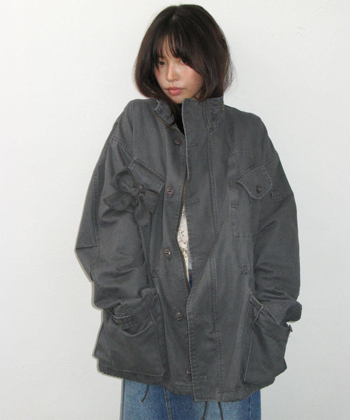 론론(RONRON) RIBBON POCKET FIELD JACKET CHARCOAL