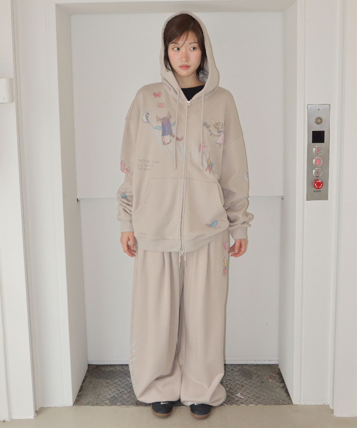 론론(RONRON) KIDS CAT DOODLE HOODIE ZIP UP ASH GREY