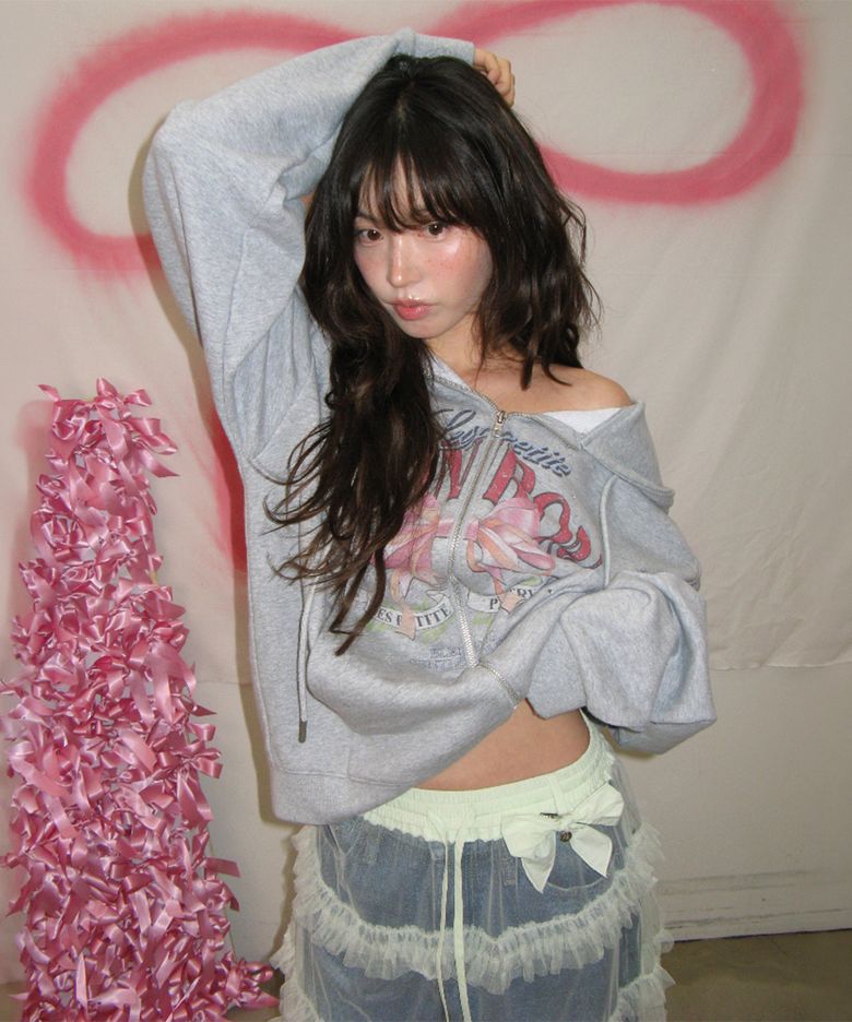 VINTAGE DOUBLE RIBBON HOODIE ZIP UP GREY