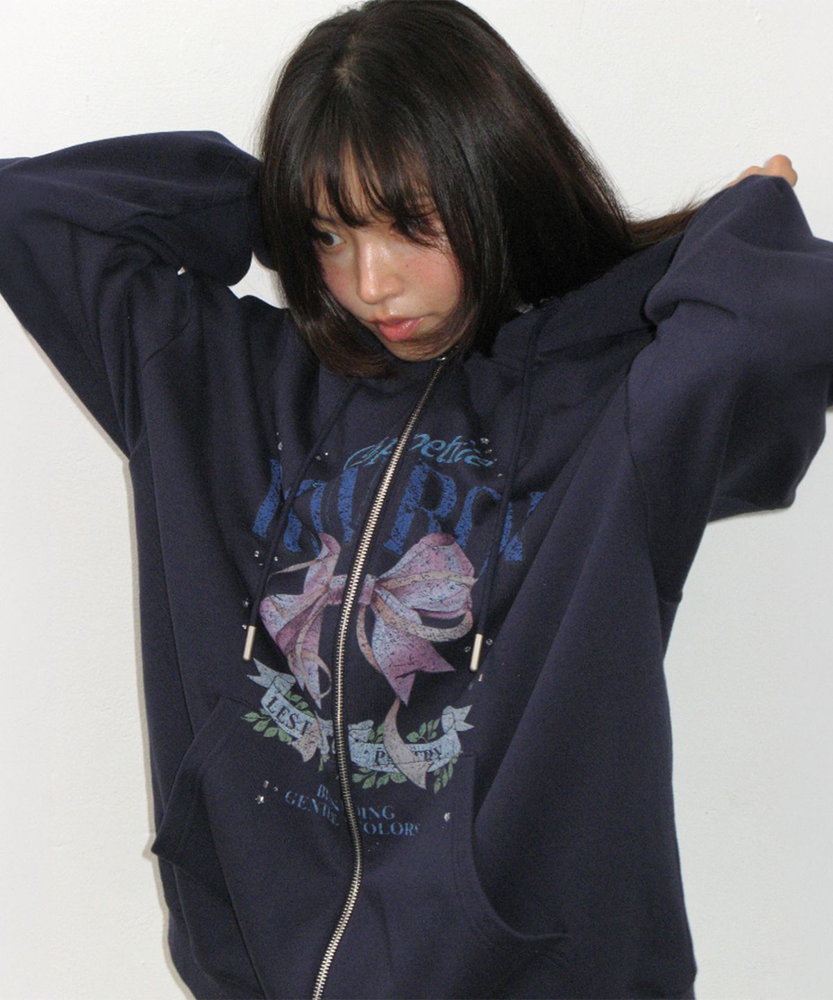 론론(RONRON) VINTAGE DOUBLE RIBBON HOODIE ZIP UP NAVY