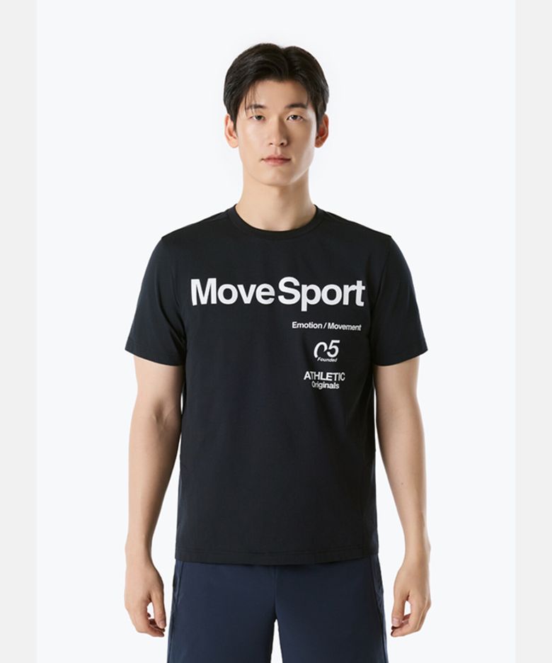워딩 그래픽 메쉬 배색 반팔 티셔츠 블랙 VS121ETS13