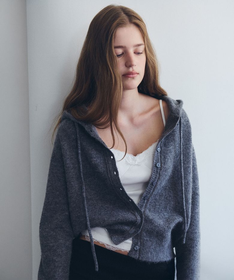 NUBASIC HOOD BUTTON CARDIGAN CHARCOAL