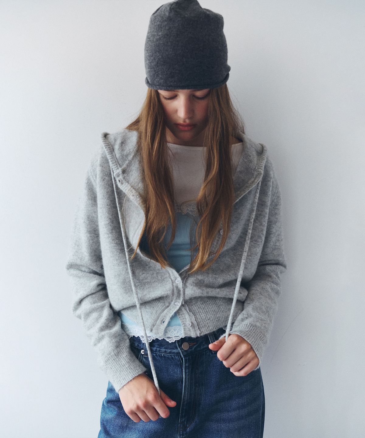 로라로라(ROLAROLA) NUBASIC HOOD BUTTON CARDIGAN M/GRAY