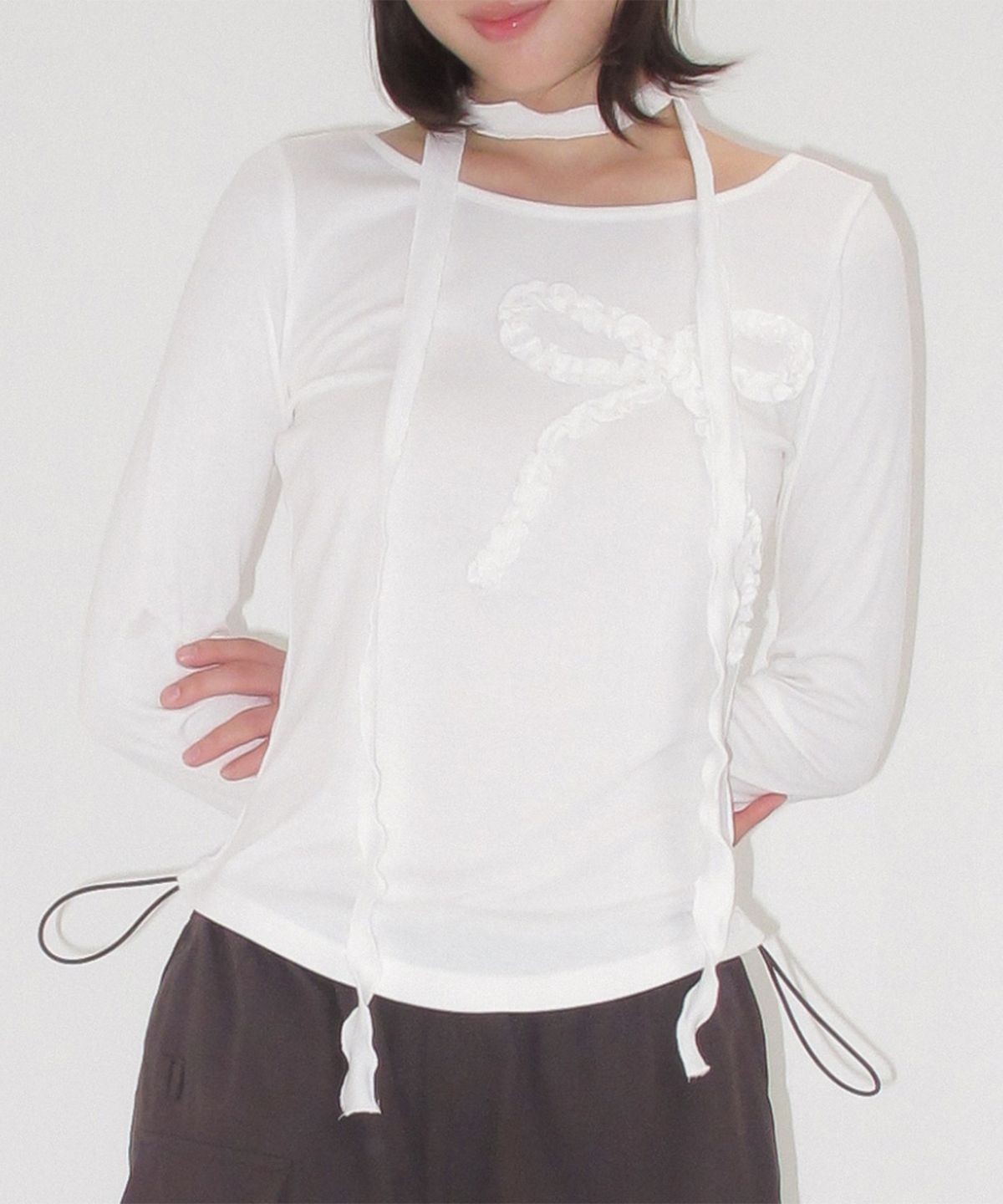 론론(RONRON) PETIT SCARF SET RIBBON SHIRRING LONG SLEEVE WHITE