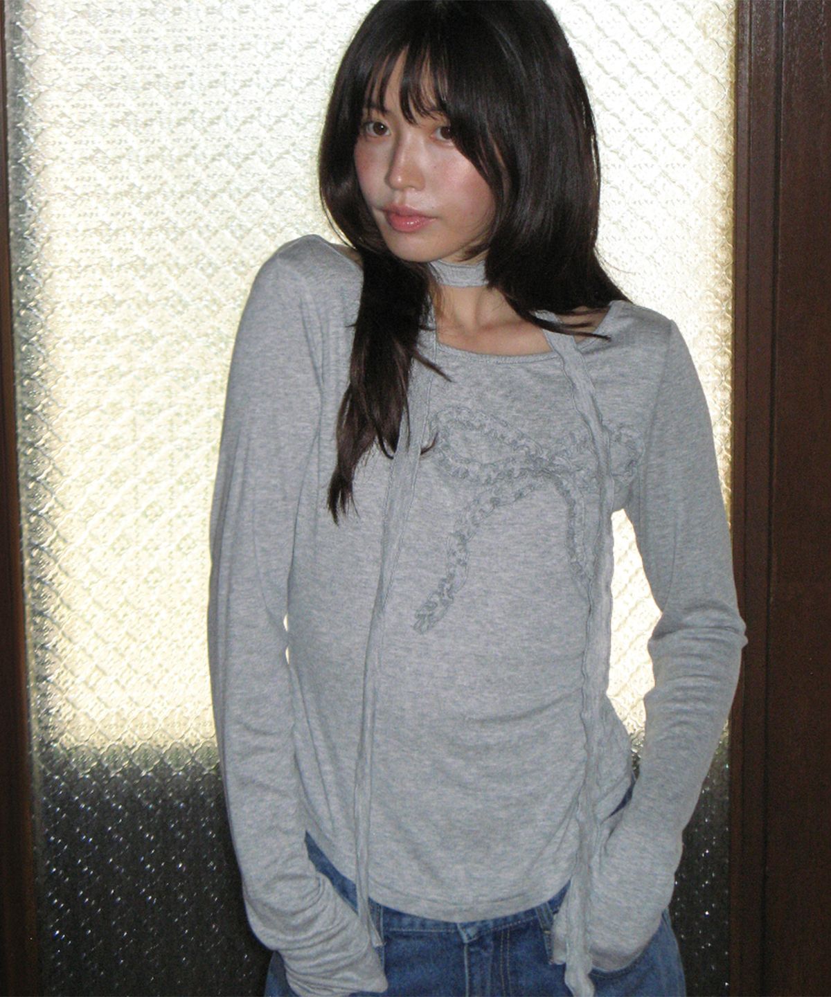 론론(RONRON) PETIT SCARF SET RIBBON SHIRRING LONG SLEEVE GREY