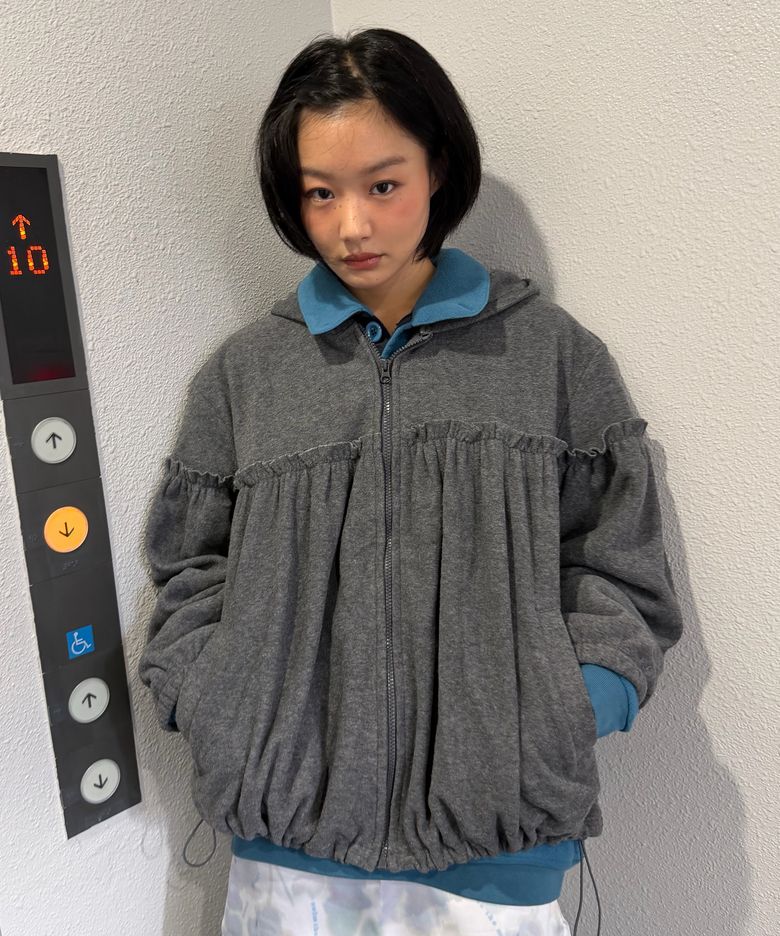 Shirred Fleece Zip Hoodie [Gray]
