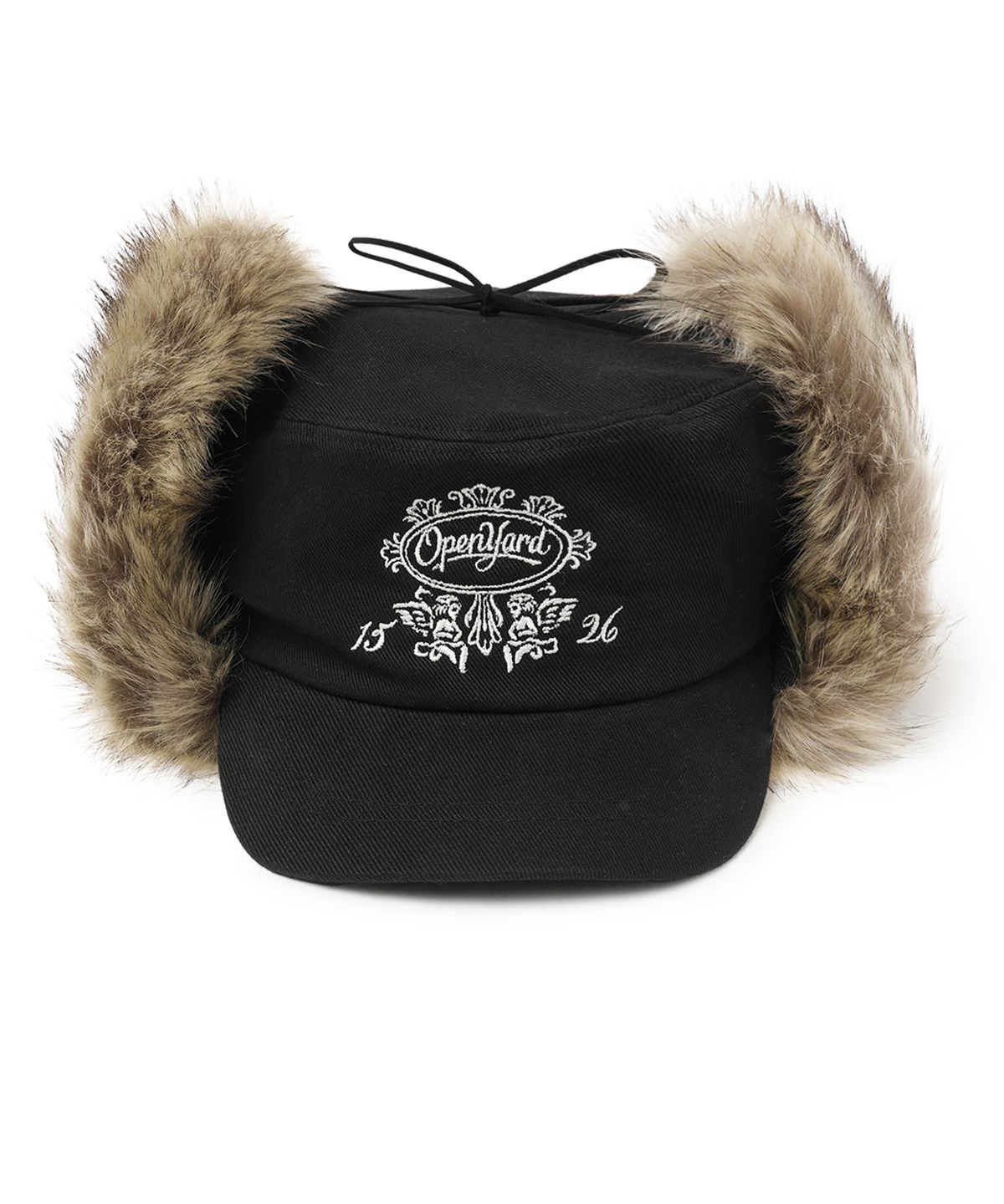 오픈야드(오와이)(OPENYARD(OY)) EMBLEM EAR FLAP PILLBOX CAP - BLACK