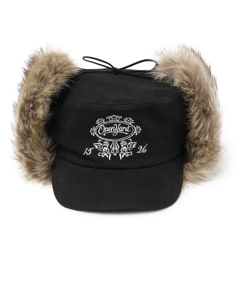 EMBLEM EAR FLAP PILLBOX CAP - BLACK