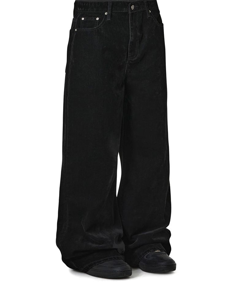 STITCHED VELVET WIDE HEM PANTS - BLACK