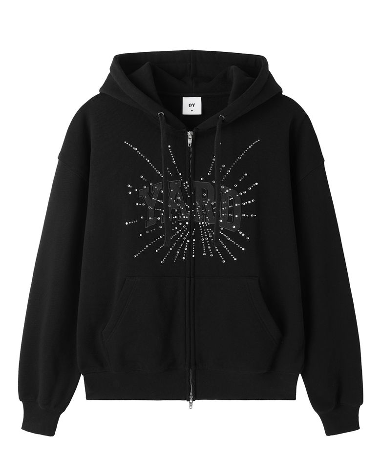 RHINESTONE BURST HOODIE ZIP UP - BLACK
