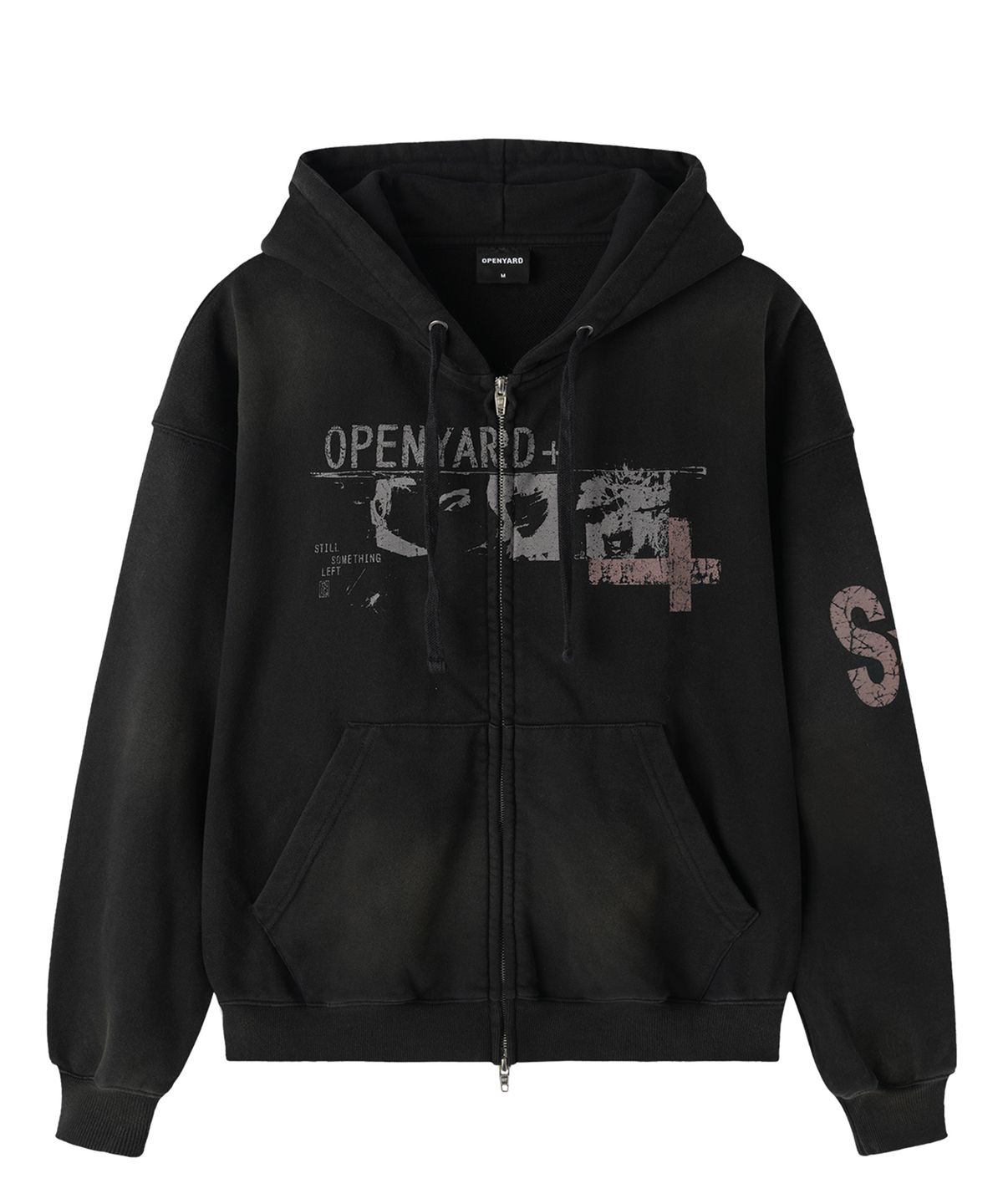오픈야드(오와이)(OPENYARD(OY)) DISTRESSED COLLAGE WASHED HOODIE ZIP UP - BLACK