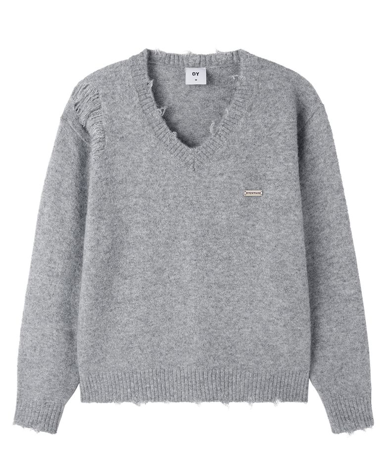 DISTRESSED V NECK KNIT - GREY