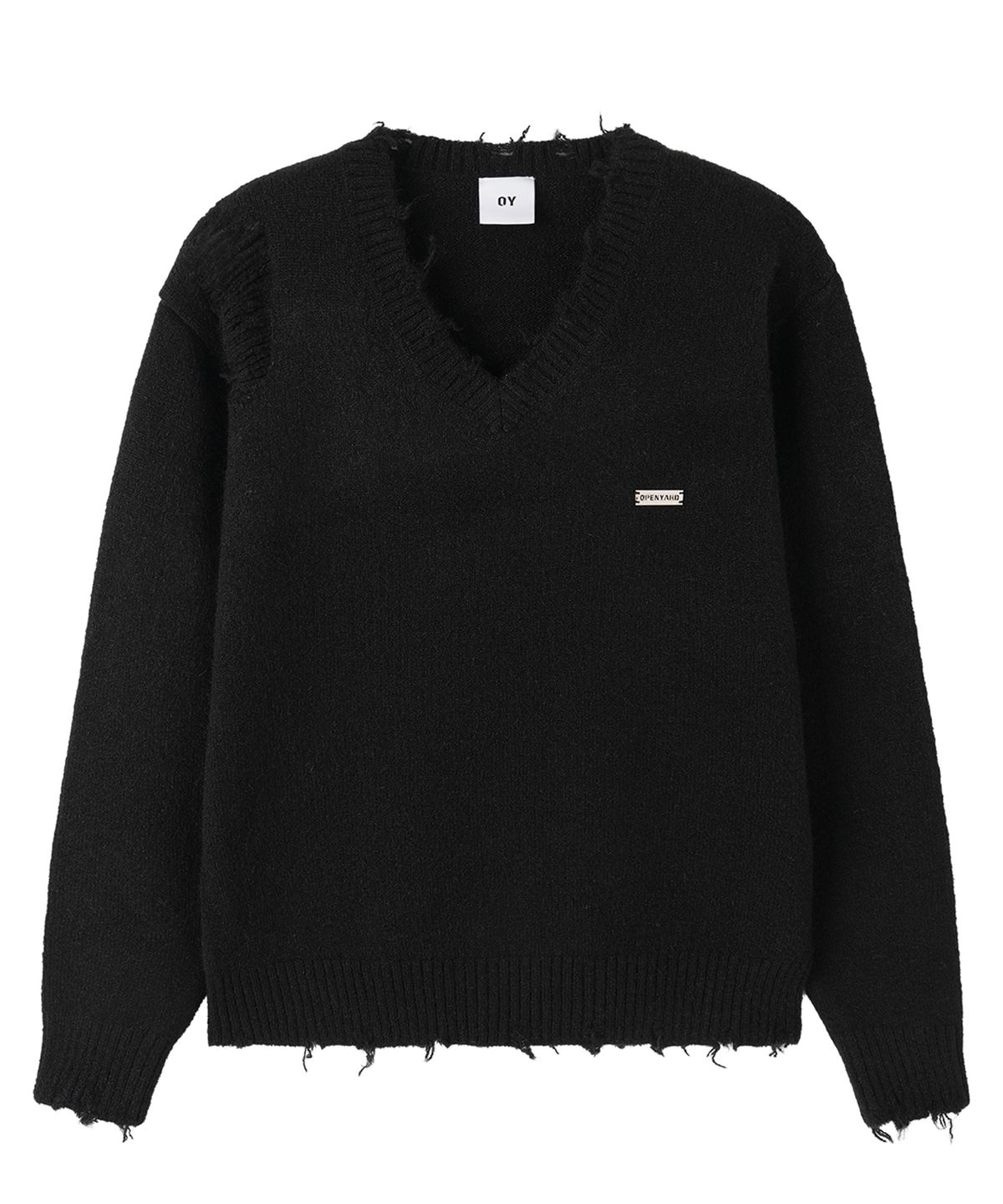 오픈야드(오와이)(OPENYARD(OY)) DISTRESSED V NECK KNIT - BLACK