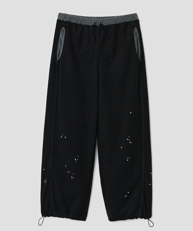 Lace Trim Hotfix Fleece Pants [Black]