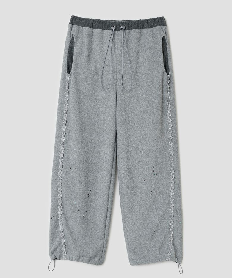 Lace Trim Hotfix Fleece Pants [Gray]