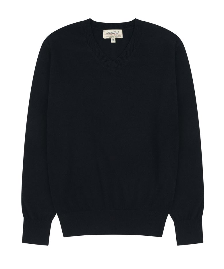 Essential Merino Wool Fine V-Neck Knit (Navy)