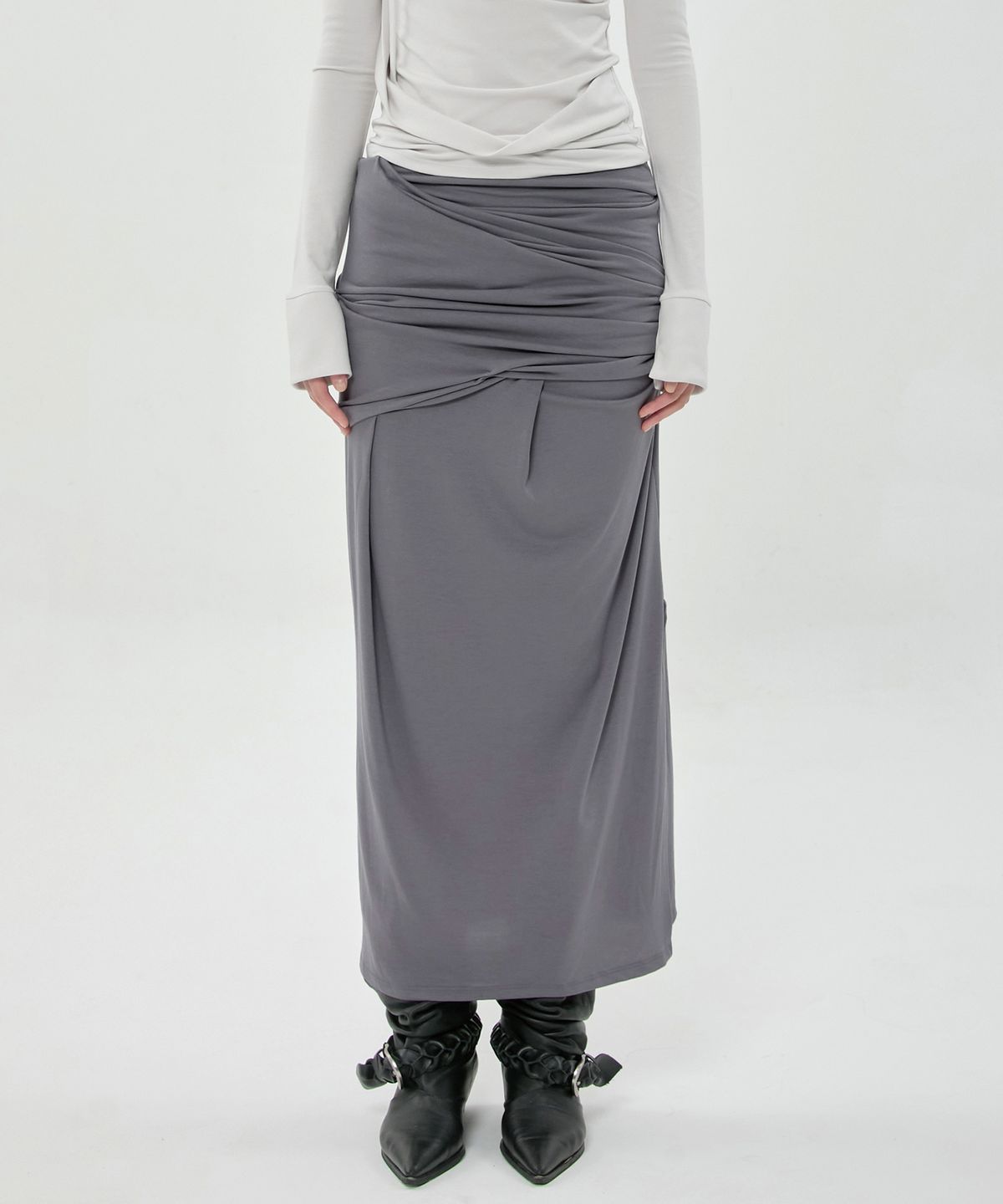 플레어업(FLAREUP) Draped Long Skirt (FL-275_Dark Gray)