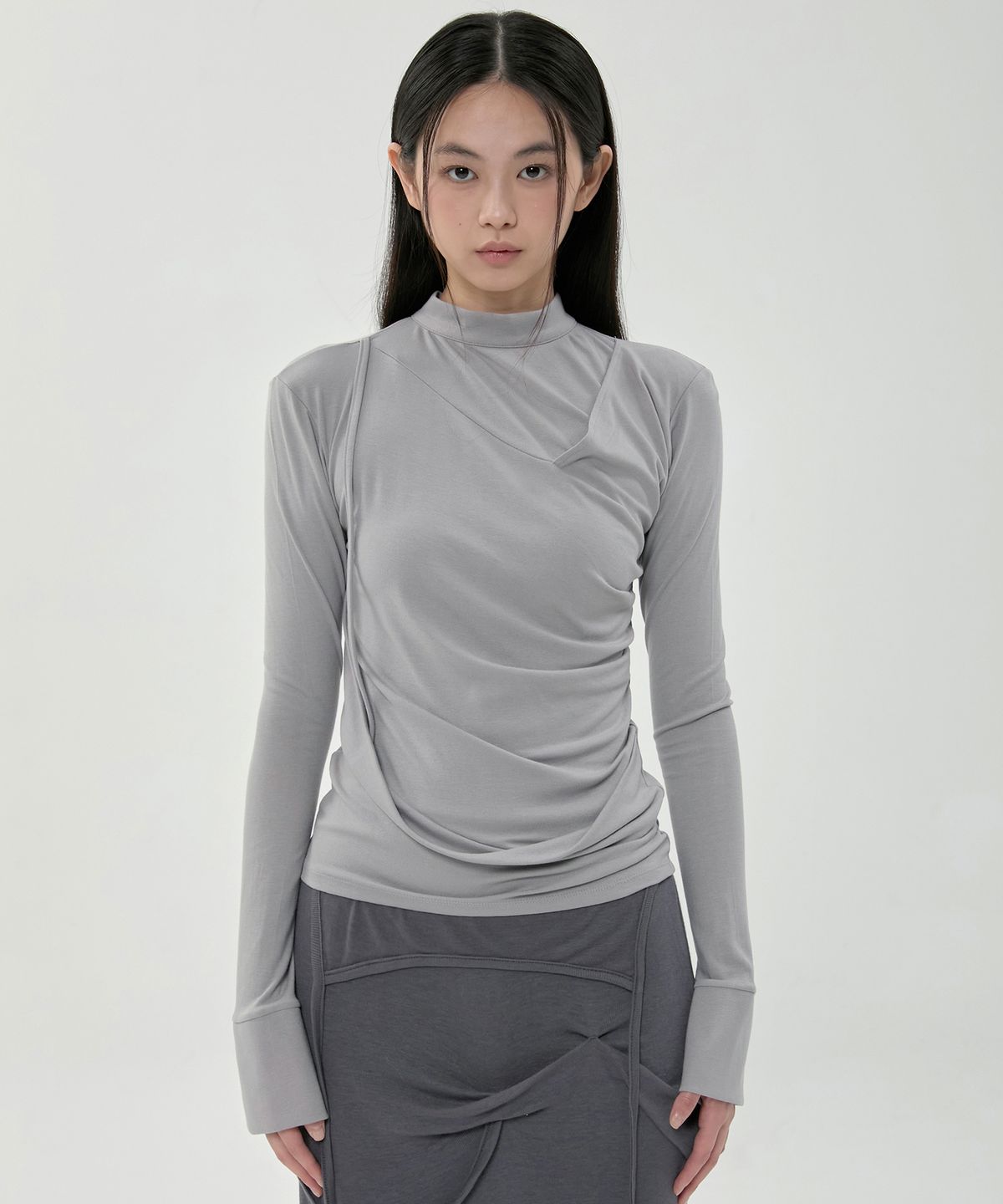 플레어업(FLAREUP) Draped Mock Neck Long Sleeve (FL-182_Gray)