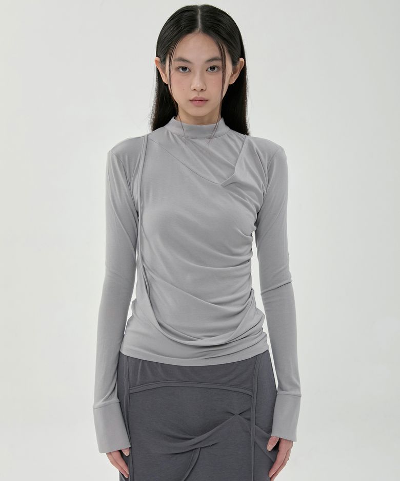 Draped Mock Neck Long Sleeve (FL-182_Gray)