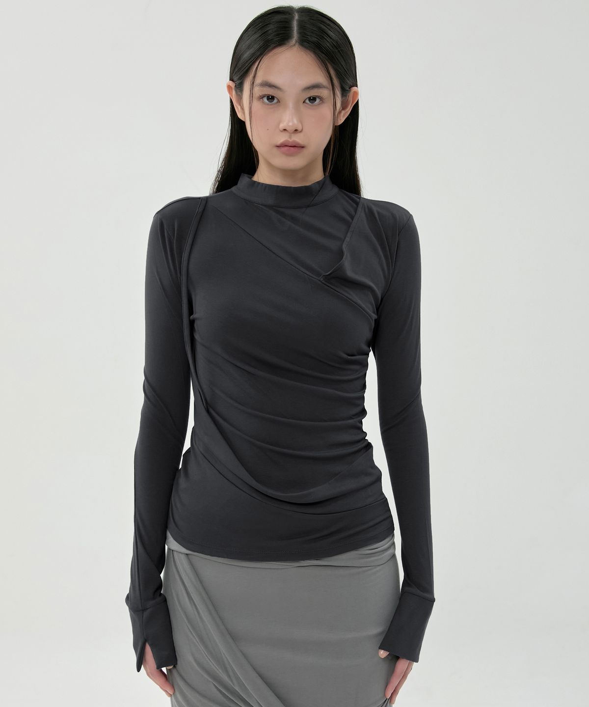 플레어업(FLAREUP) Draped Mock Neck Long Sleeve (FL-182_Black)